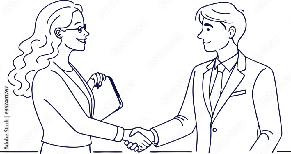 continuous single line drawing of business woman manager handshaking greeting client , line art vector illustration continuous single line drawing of business woman manager handshaking greeting client , line art vector illustration