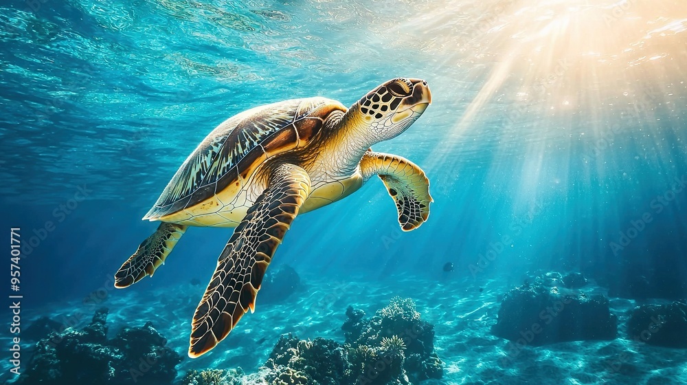 Fototapeta premium A green sea turtle glides through a vibrant coral reef, bathed in shimmering sunlight