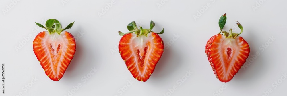 Vivid strawberry with half slices arranged on a clean white background, emphasizing freshness Vivid strawberry with half slices arranged on a clean white background, emphasizing freshness