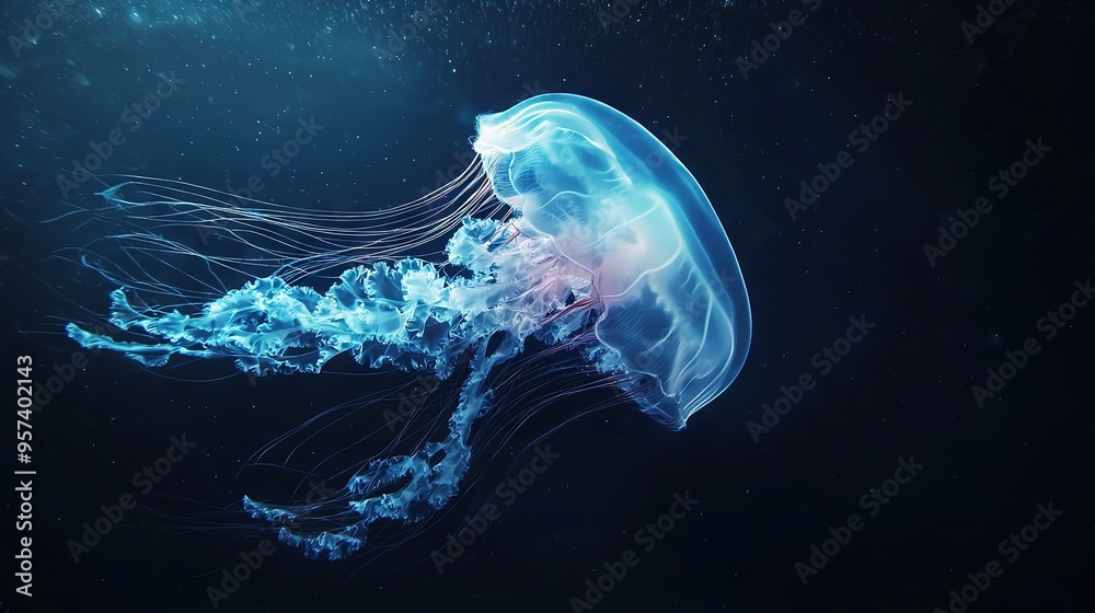 A close-up of a jellyfish in water with bubbles in its mouth against a black backdrop A close-up of a jellyfish in water with bubbles in its mouth against a black backdrop