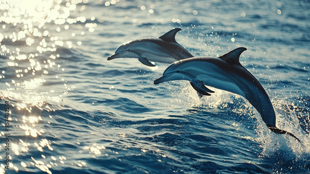 Fototapeta premium Two dolphins jumping from the water into sunlight against an ocean backdrop