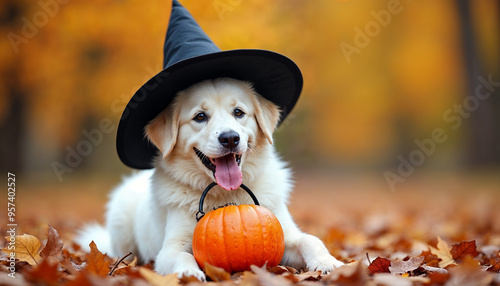 A white dog wearing a black witch's hat and holding a small orange pumpkin bucket, sitting in a field with yellow and orange autumn leaves in the background