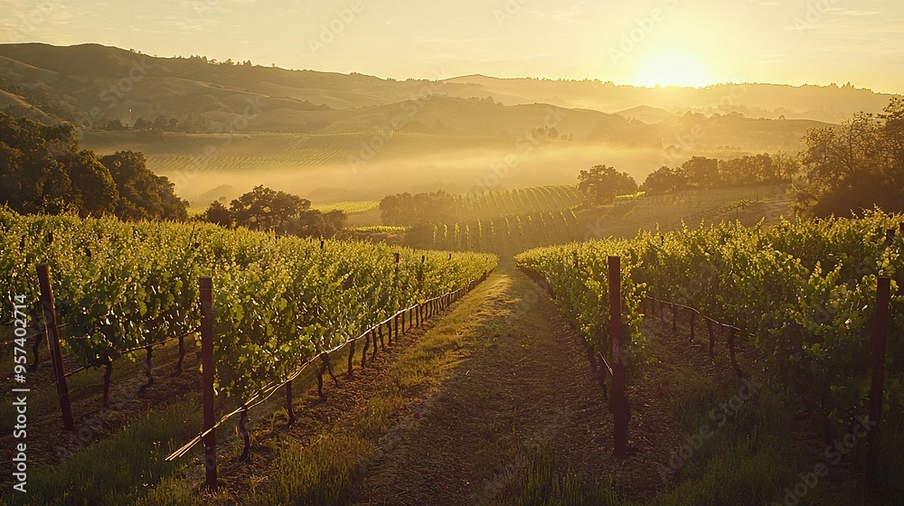 The sun shines through the fog in Napa Valley's vineyards The sun shines through the fog in Napa Valley's vineyards