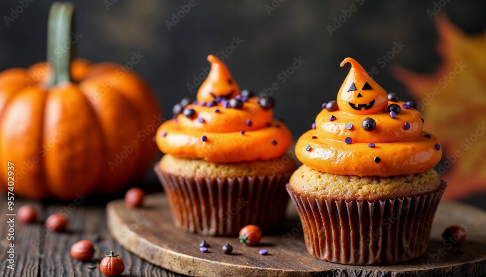 Two Halloween cupcakes with orange frosting and decorations on a wooden surface with pumpkins Two Halloween cupcakes with orange frosting and decorations on a wooden surface with pumpkins