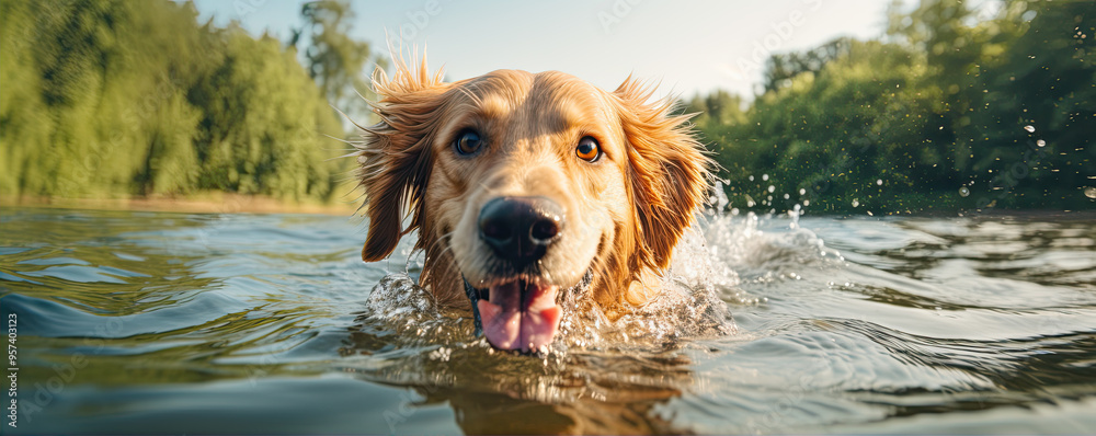 Happy dog swimm in river. Dog play in water. banner Happy dog swimm in river. Dog play in water. banner