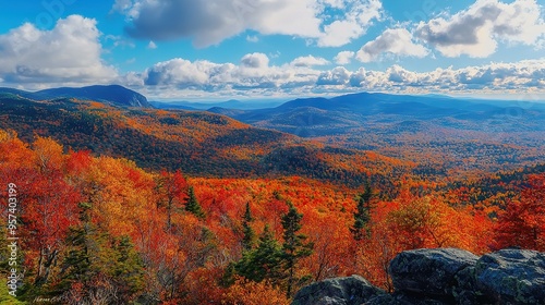  The mountain's peak offers breathtaking views of colorful autumn trees and foreground rocks below