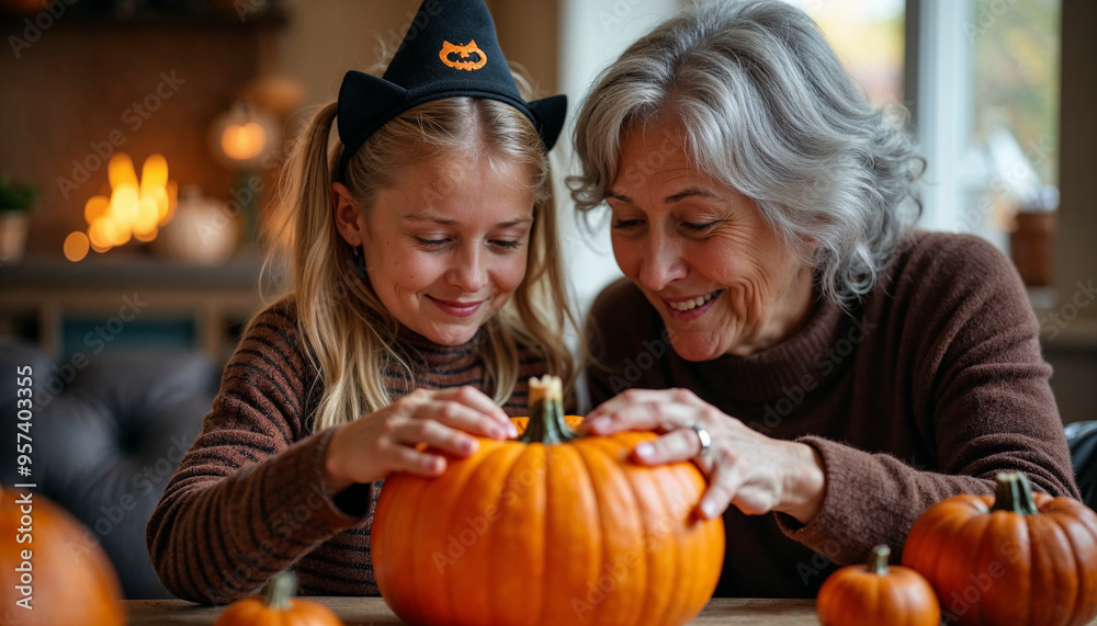 A young blonde girl with pigtails wearing a Halloween costume, carving a pumpkin with her grandmother, who has grey hair, in a cozy home setting A young blonde girl with pigtails wearing a Halloween costume, carving a pumpkin with her grandmother, who has grey hair, in a cozy home setting