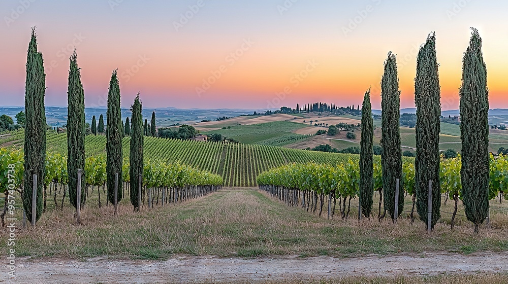 Obraz premium A field of tall trees lined with a dirt road, bathed in the warm glow of a beautiful sunset