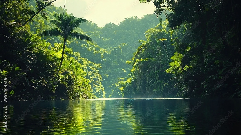 Obraz premium A lush forest encircles a tranquil body of water, adorned with towering, verdant trees