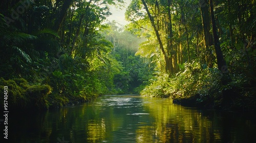   A lush green river runs through the dense forest, surrounded by an abundance of verdant foliage