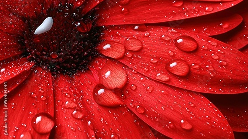   A close-up of a red flower with water droplets and a white center dot