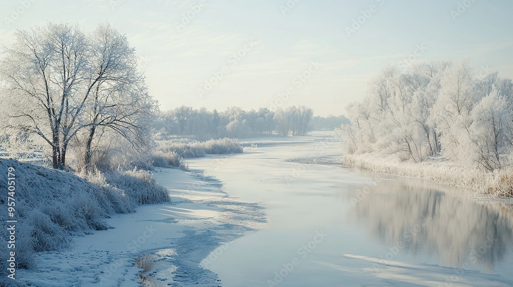 A river surrounded by snow-covered trees and iced grass in the foreground A river surrounded by snow-covered trees and iced grass in the foreground