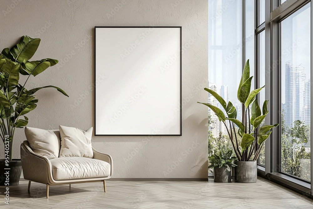Poster Frame in Beige minimalist living room interior created with generative AI Poster Frame in Beige minimalist living room interior created with generative AI