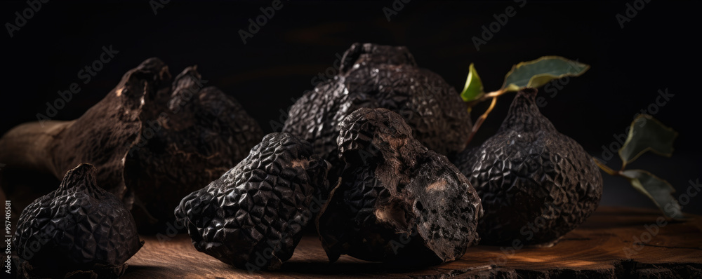 Black truffle on wooden table. Luxury ingredients. Black truffle on wooden table. Luxury ingredients.