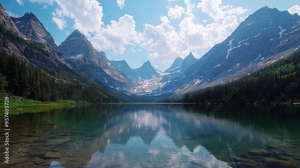 Fototapeta premium Water surrounded by mountain range beneath clear blue sky with scattered white cloud formations