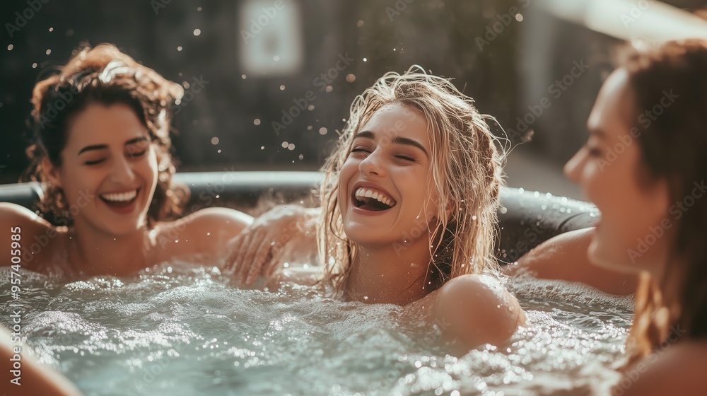 Three joyful friends enjoying a relaxing afternoon in a hot tub surrounded by nature on a sunny day Three joyful friends enjoying a relaxing afternoon in a hot tub surrounded by nature on a sunny day