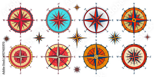 Vintage marine wind rose, nautical chart. Colorful navigational compass with cardinal directions of North, East, South, West. Geographical position, cartography and navigation. Vector illustration