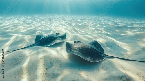   Two stinging sea anemones lie beneath the waves, bathed in sunlight filtering through the surface photo