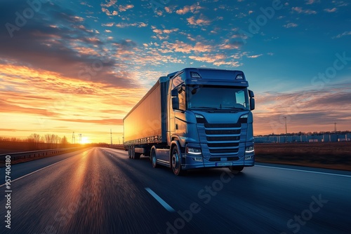 Wallpaper Mural A blue truck driving on a highway at sunset, reflecting warm colors across the road, under a dramatic sky Torontodigital.ca