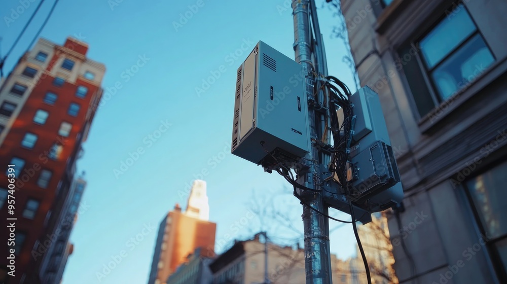 5G base station on tower technology on a street in the city 5G base station on tower technology on a street in the city