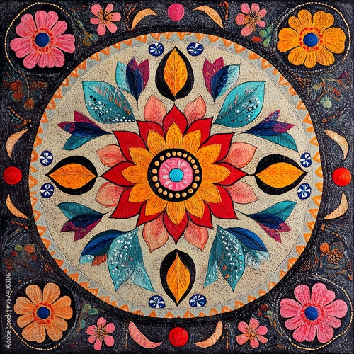 Rich cultural symbolism in Indian art with intricate floral designs picture