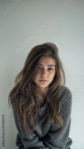 Portrait of a young teenage female model with long brown volumous hair and wearing a gray sweater. Flawless, youthful complexion. Copy space.