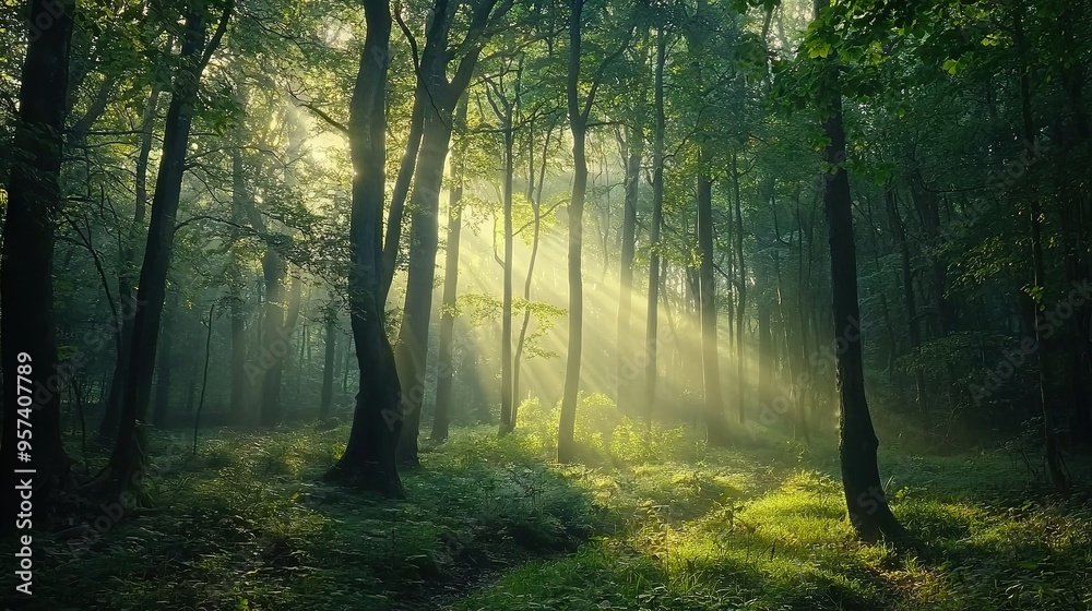 Obraz premium Sunlight filters through green trees in a dense forest