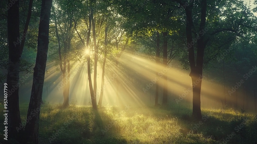 Fototapeta premium A lush forest brimming with towering trees bathed in warm sunlight filtering through their leaves, casting dappled beams on the ground below
