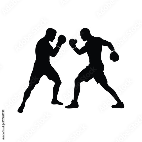 two man Boxer player black and white silhouette, vector silhouette, isolated white background 