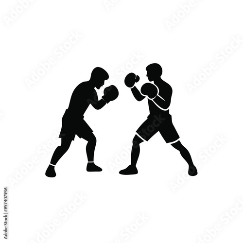 two man Boxer player black and white silhouette, vector silhouette, isolated white background 