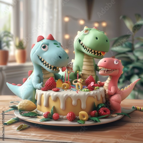 Birthday of 3D funny cartoon dinosaurs. Funny characters, illustration for printing on fabric, paper, porcelain, plastic, packaging. Funny print for T-shirts, template for birthday invitations, greeti photo