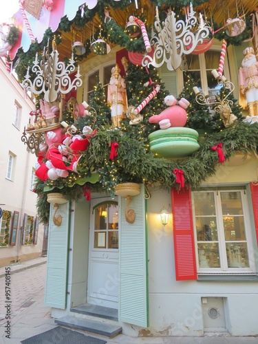 christmas decoration of a cafe in an old city 