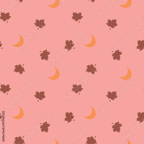 seamless pink and brown autumn pattern with leaf and moon