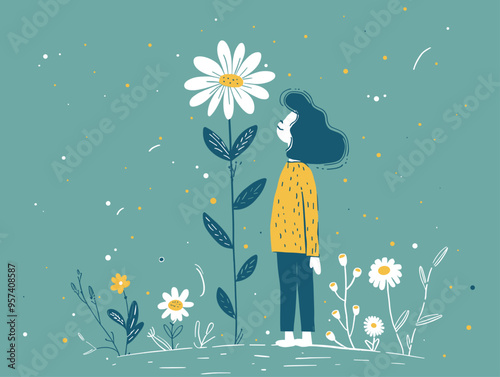 Doodle Illustration Person Growing Flower: Metaphor for Human Potential, Personal Development, and Nurturing Nature