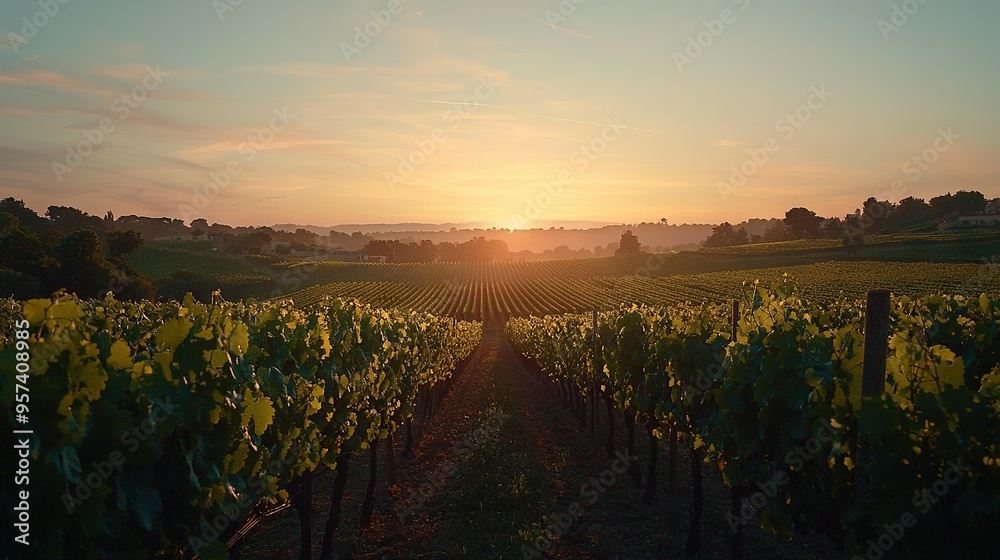 Naklejka premium The sun is setting over a vineyard with vines in the foreground and a house in the background