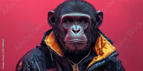 A close-up portrait of a chimpanzee wearing a black and yellow jacket against a vibrant pink background.