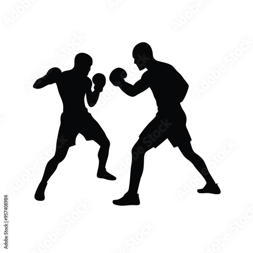 two man Boxer player black and white silhouette, vector silhouette, isolated white background 
