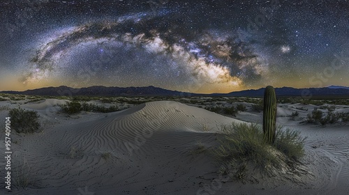   Cactus in desert; Milky Way visible