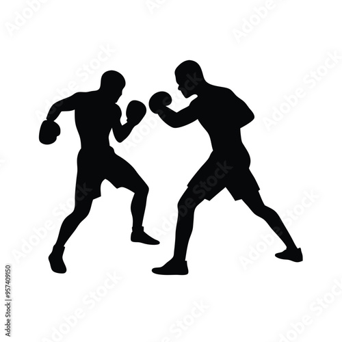 two man Boxer player black and white silhouette, vector silhouette, isolated white background 