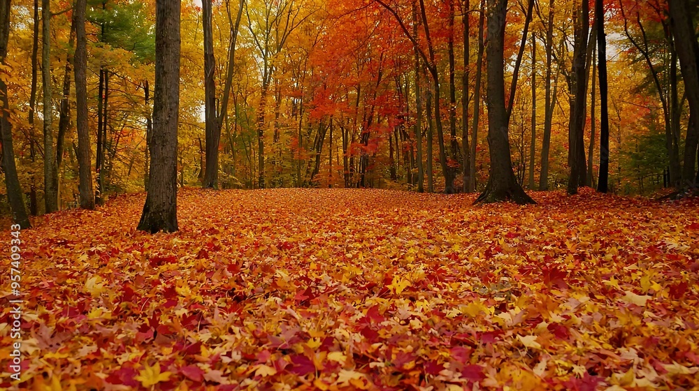 A dense forest with abundant red- and yellow-leafed trees on either side A dense forest with abundant red- and yellow-leafed trees on either side