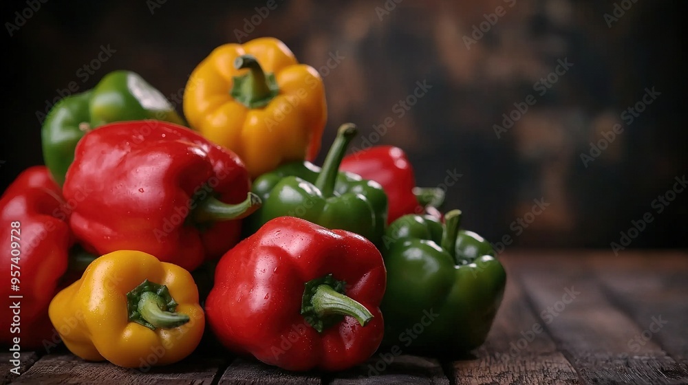 A vibrant arrangement of red, yellow, and green peppers on a wooden table against a dark background A vibrant arrangement of red, yellow, and green peppers on a wooden table against a dark background