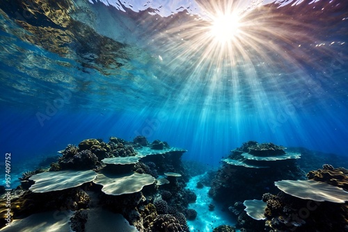 A vibrant coral reef scene with sunlight shining through the water, perfect for illustrations and designs related to marine life or tropical environments photo