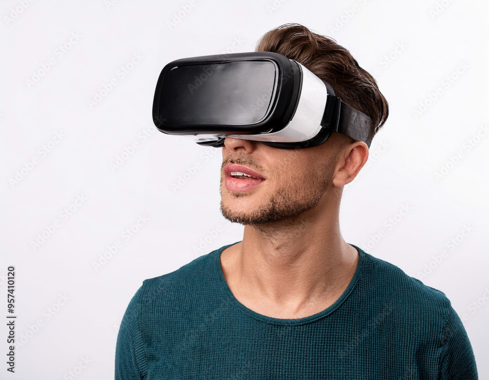 Portrait of a Man Using VR Glasses Headshot Isolated on White Background with Copy Space Portrait of a Man Using VR Glasses Headshot Isolated on White Background with Copy Space
