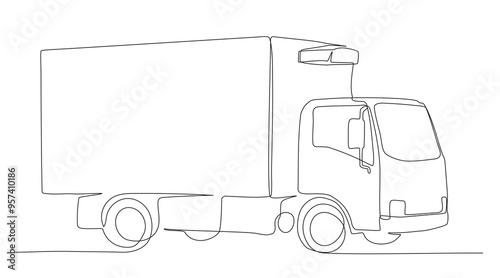Truck with air conditioner system on road. Continuous one line drawing. Black and white vector illustration in line art style.