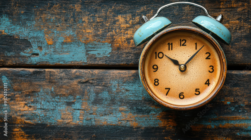 custom made wallpaper toronto digitalVintage alarm clock with a distressed blue finish on a weathered wooden background, symbolizing the passage of time and nostalgia.