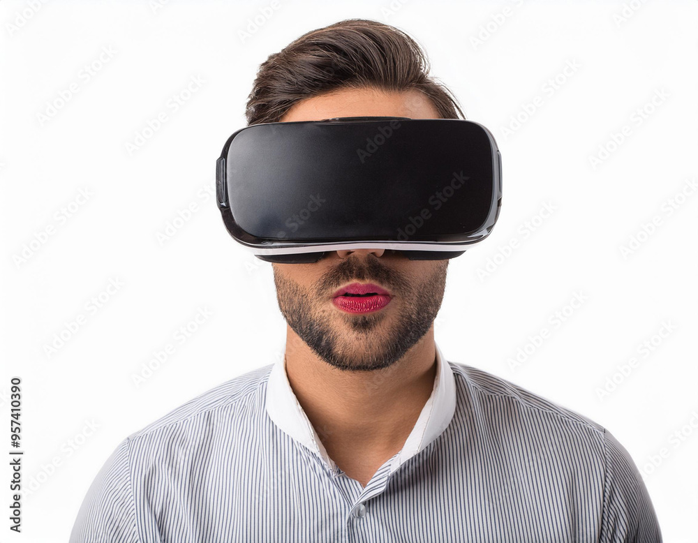 Portrait of a Man Using VR Glasses Headshot Isolated on White Background with Copy Space Portrait of a Man Using VR Glasses Headshot Isolated on White Background with Copy Space