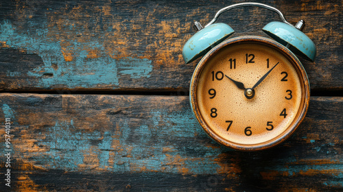 Wallpaper Mural Vintage alarm clock with a distressed blue finish on a weathered wooden background, symbolizing the passage of time and nostalgia. Torontodigital.ca