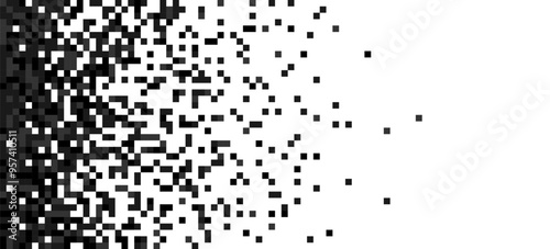 Scattered pixels vector background. Banner, wallpaper, cover template. Retro geometric disappearing squares pattern in black and grey colours.