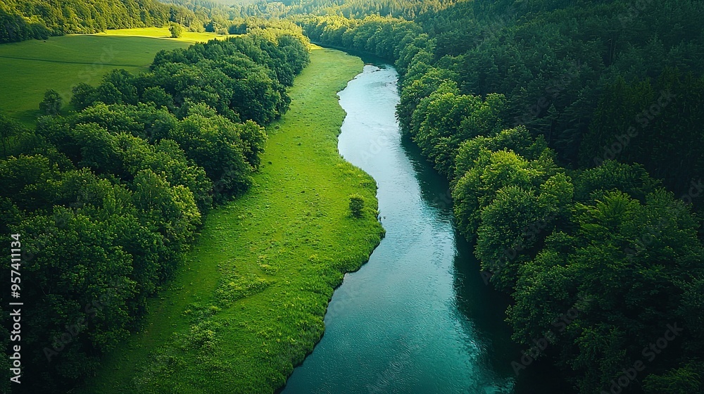 A bird's-eye view of a serene river flowing gracefully through a verdant, tree-covered landscape A bird's-eye view of a serene river flowing gracefully through a verdant, tree-covered landscape