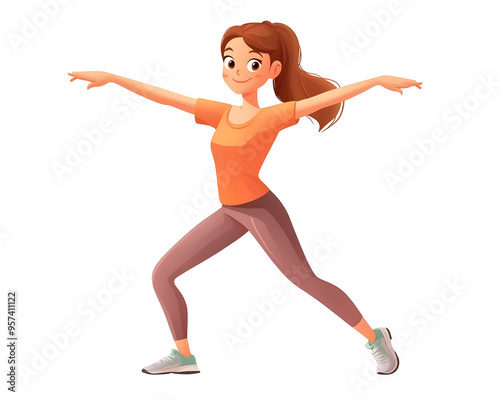 Cartoon character of a woman performing coordination exercises, isolated on a transparent PNG background.